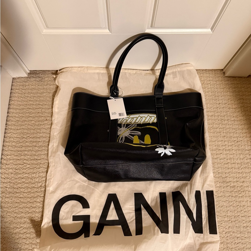Ganni Black Tote Bag with White Floral Accent